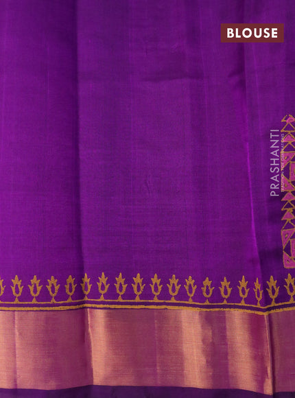 Silk cotton block printed saree deep purple with allover prints and zari woven border