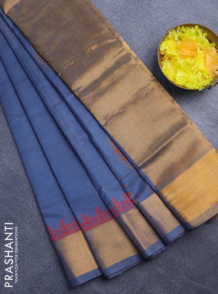 Silk cotton block printed saree grey shade with butta prints and zari woven border