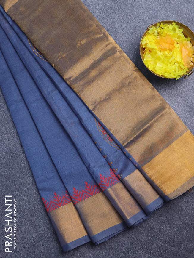 Silk cotton block printed saree grey shade with butta prints and zari woven border