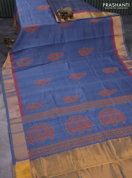 Silk cotton block printed saree grey shade with butta prints and zari woven border