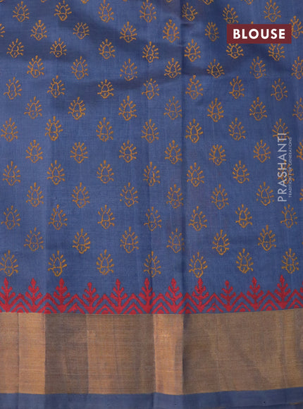 Silk cotton block printed saree grey shade with butta prints and zari woven border