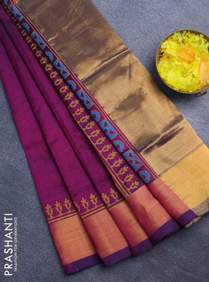 Silk cotton block printed saree dark magenta pink with butta prints and zari woven border