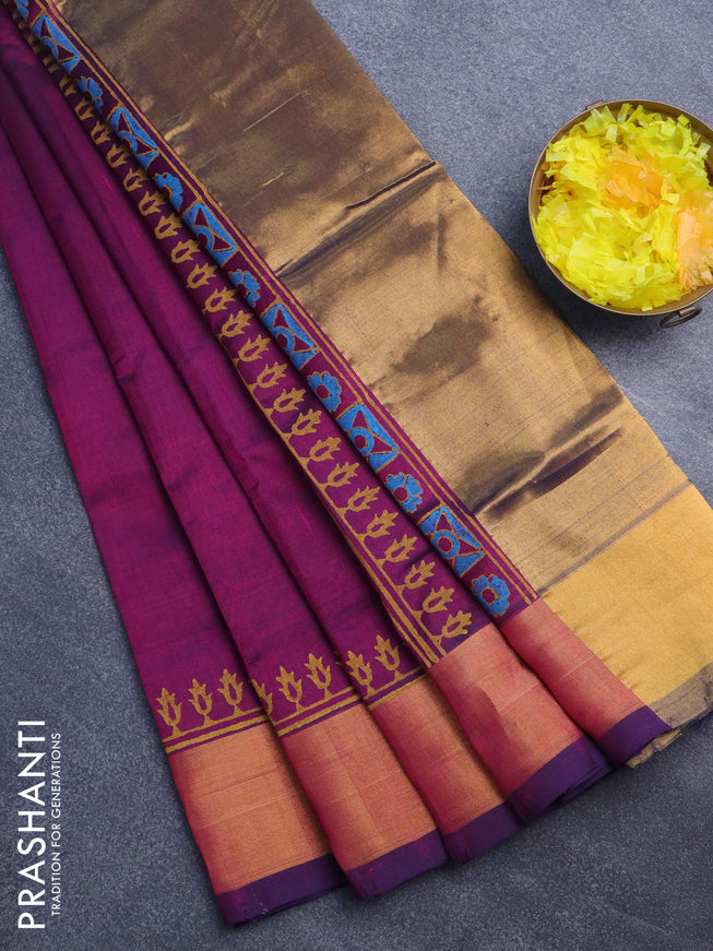 Silk cotton block printed saree dark magenta pink with butta prints and zari woven border