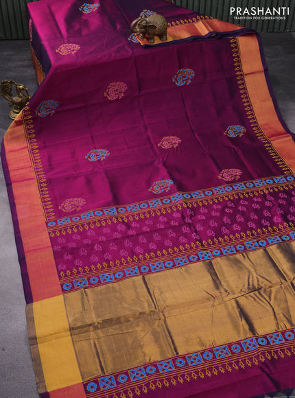 Silk cotton block printed saree dark magenta pink with butta prints and zari woven border