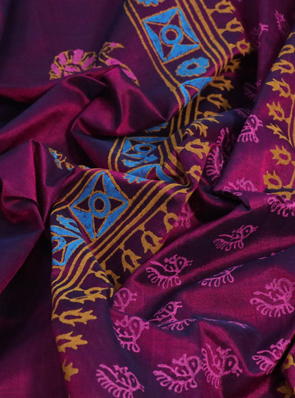 Silk cotton block printed saree dark magenta pink with butta prints and zari woven border