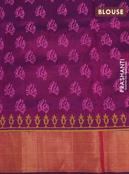 Silk cotton block printed saree dark magenta pink with butta prints and zari woven border