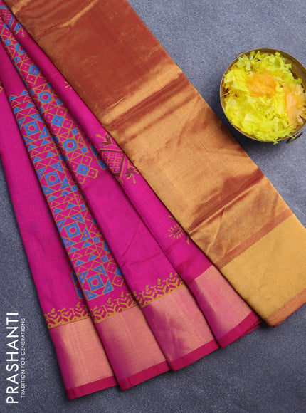 Silk cotton block printed saree pink with allover prints and zari woven border