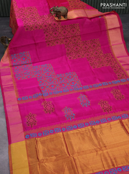 Silk cotton block printed saree pink with allover prints and zari woven border