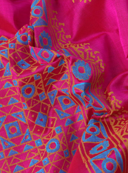 Silk cotton block printed saree pink with allover prints and zari woven border