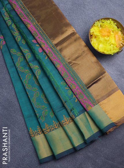 Silk cotton block printed saree green with allover prints and zari woven border