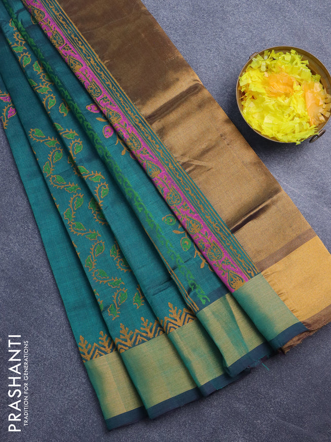 Silk cotton block printed saree green with allover prints and zari woven border