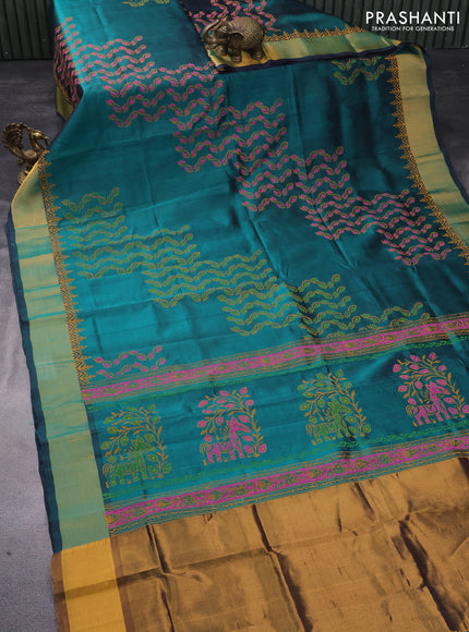 Silk cotton block printed saree green with allover prints and zari woven border