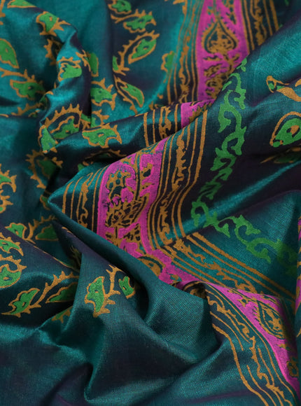 Silk cotton block printed saree green with allover prints and zari woven border