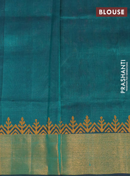 Silk cotton block printed saree green with allover prints and zari woven border