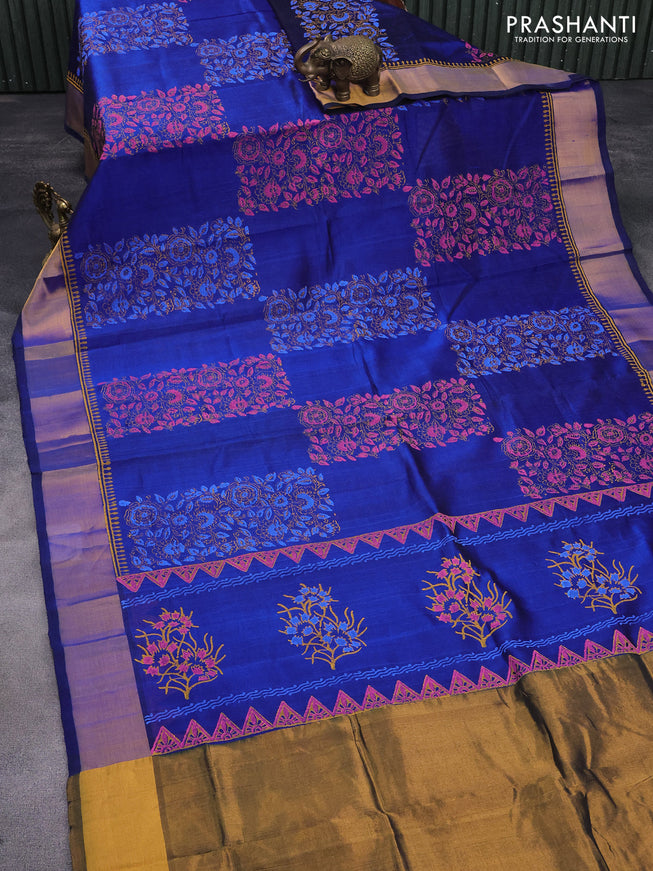 Silk cotton block printed saree blue with allover floral prints and zari woven border