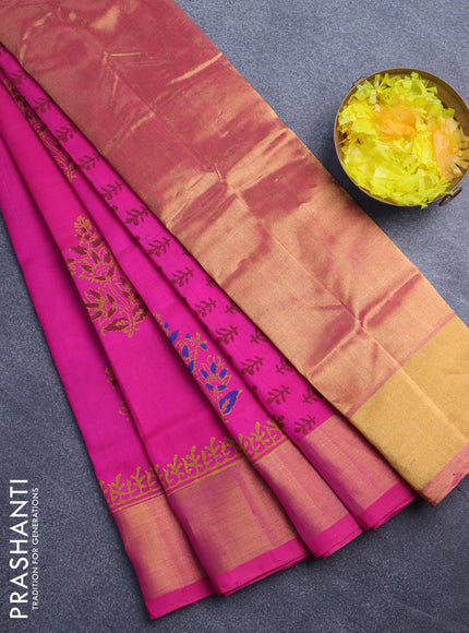 Silk cotton block printed saree pink with butta prints and zari woven border