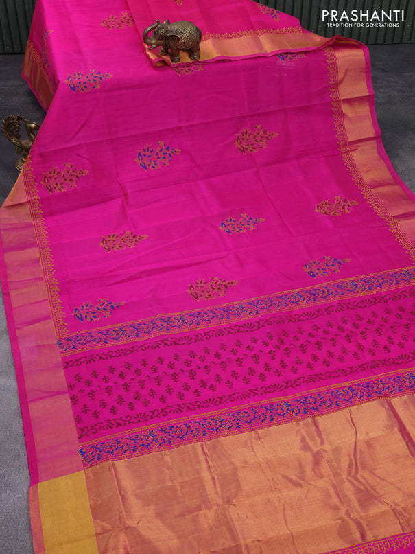 Silk cotton block printed saree pink with butta prints and zari woven border