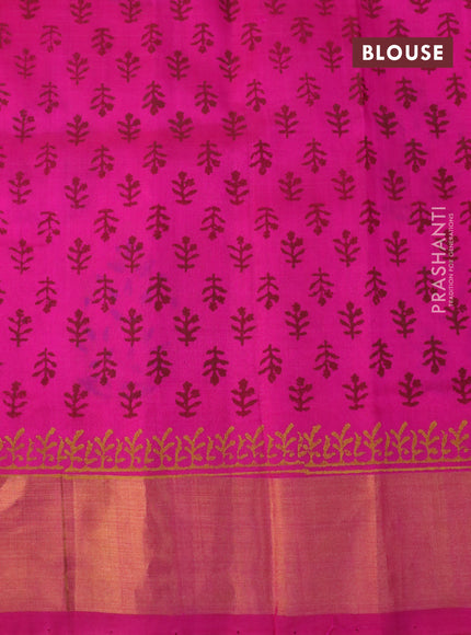 Silk cotton block printed saree pink with butta prints and zari woven border