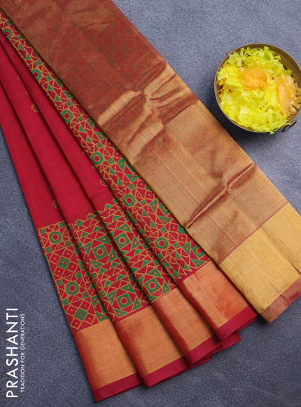 Silk cotton block printed saree maroon with butta prints and zari woven border