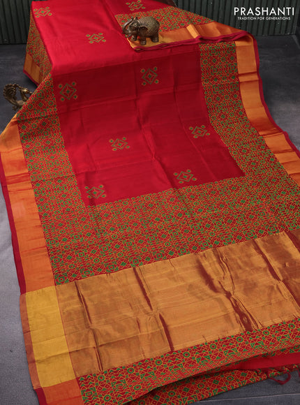 Silk cotton block printed saree maroon with butta prints and zari woven border