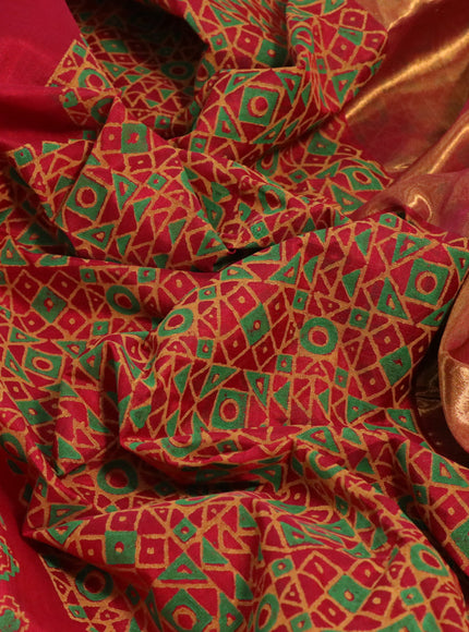 Silk cotton block printed saree maroon with butta prints and zari woven border