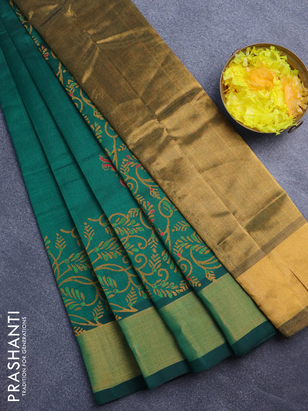 Silk cotton block printed saree green with butta prints and zari woven border