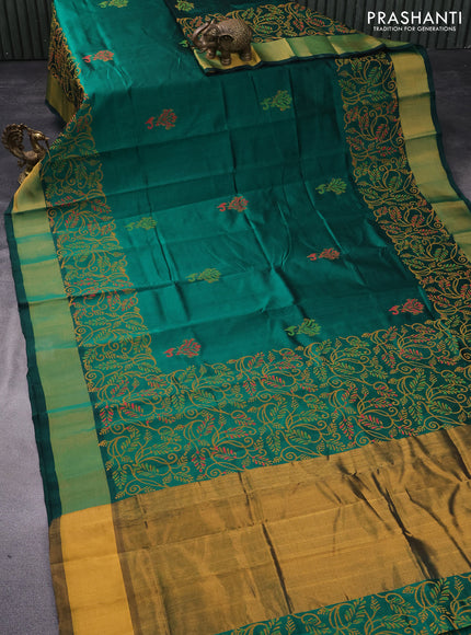 Silk cotton block printed saree green with butta prints and zari woven border