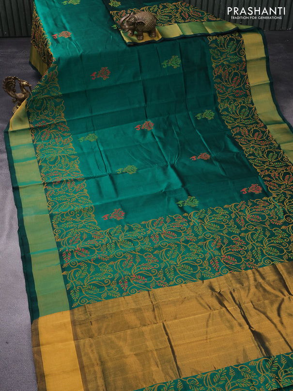 Silk cotton block printed saree green with butta prints and zari woven border