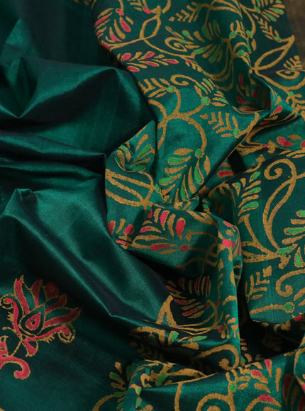 Silk cotton block printed saree green with butta prints and zari woven border