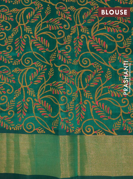 Silk cotton block printed saree green with butta prints and zari woven border