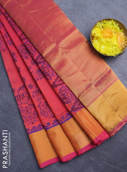 Silk cotton block printed saree dual shade of pinkish orange with butta prints and zari woven border