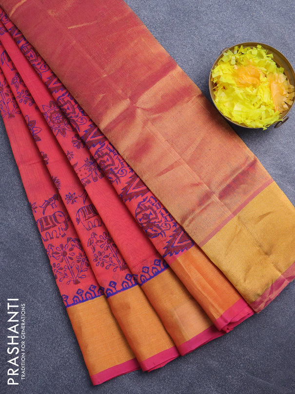 Silk cotton block printed saree dual shade of pinkish orange with butta prints and zari woven border