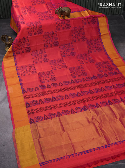 Silk cotton block printed saree dual shade of pinkish orange with butta prints and zari woven border