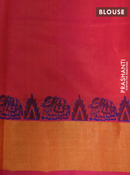 Silk cotton block printed saree dual shade of pinkish orange with butta prints and zari woven border