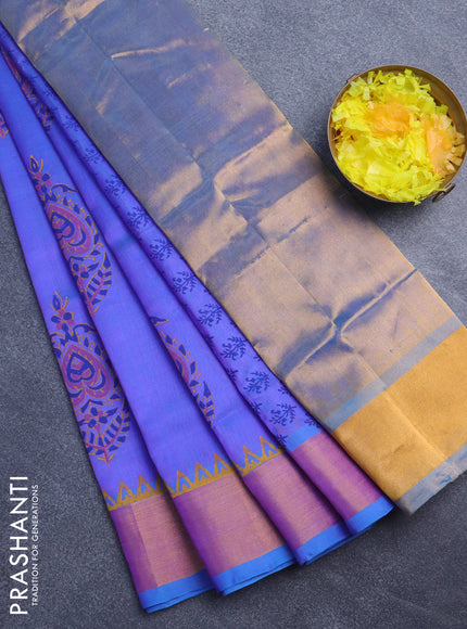 Silk cotton block printed saree lavender shade with butta prints and zari woven border