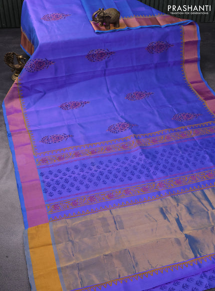 Silk cotton block printed saree lavender shade with butta prints and zari woven border