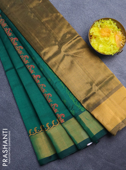 Silk cotton block printed saree green with butta prints and zari woven border