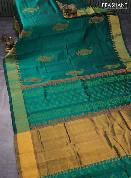 Silk cotton block printed saree green with butta prints and zari woven border