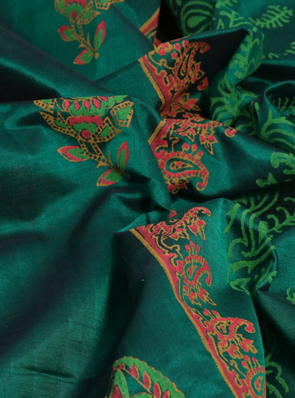 Silk cotton block printed saree green with butta prints and zari woven border