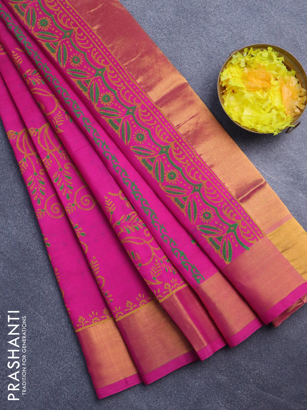 Silk cotton block printed saree pink with allover prints and zari woven border