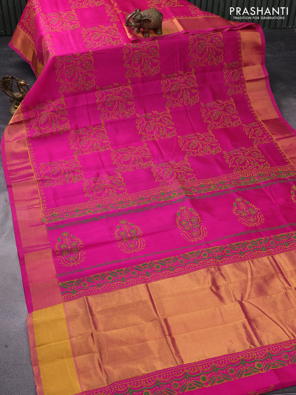 Silk cotton block printed saree pink with allover prints and zari woven border