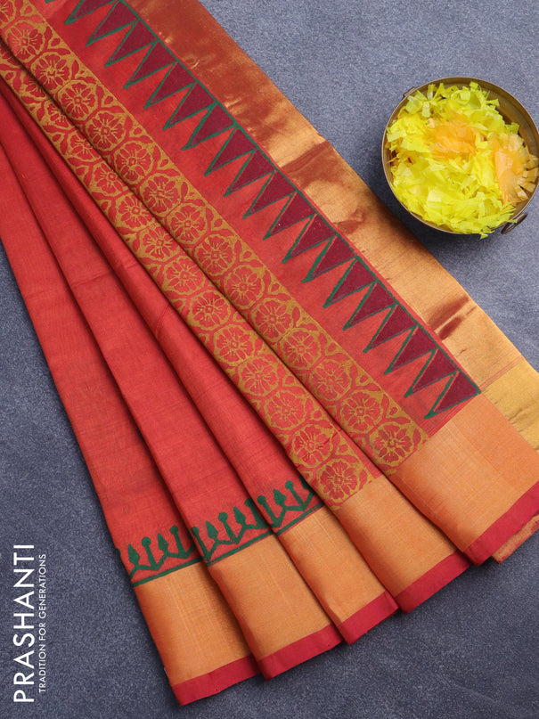 Silk cotton block printed saree rustic orange with butta prints and zari woven border