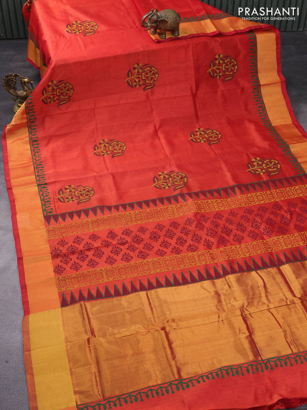 Silk cotton block printed saree rustic orange with butta prints and zari woven border