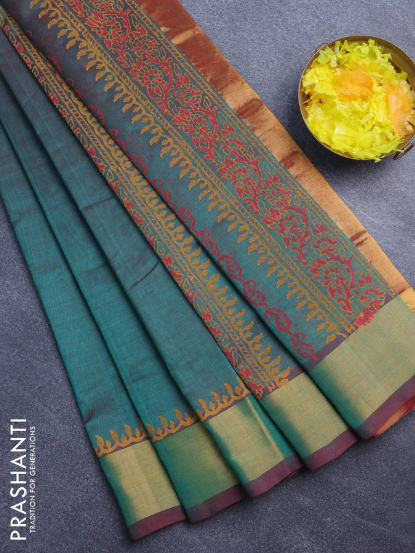 Silk cotton block printed saree dual shade of green with butta prints and zari woven border