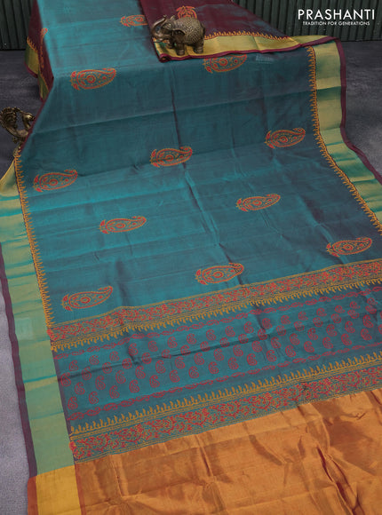 Silk cotton block printed saree dual shade of green with butta prints and zari woven border