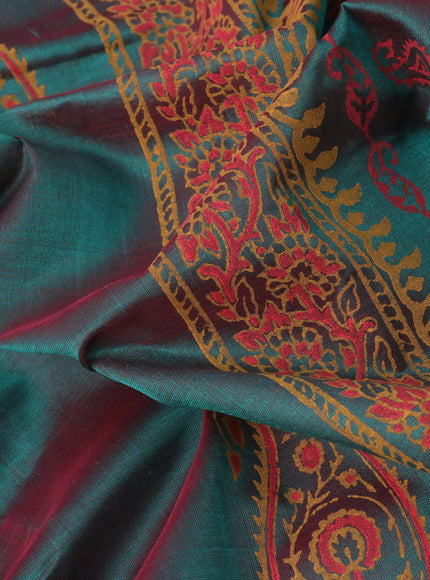 Silk cotton block printed saree dual shade of green with butta prints and zari woven border