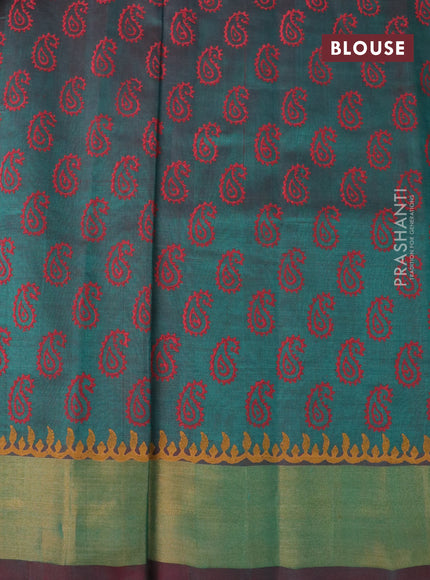 Silk cotton block printed saree dual shade of green with butta prints and zari woven border