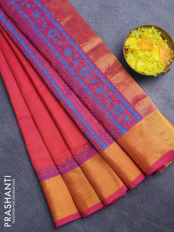 Silk cotton block printed saree dual shade of pinkish orange with butta prints and zari woven border