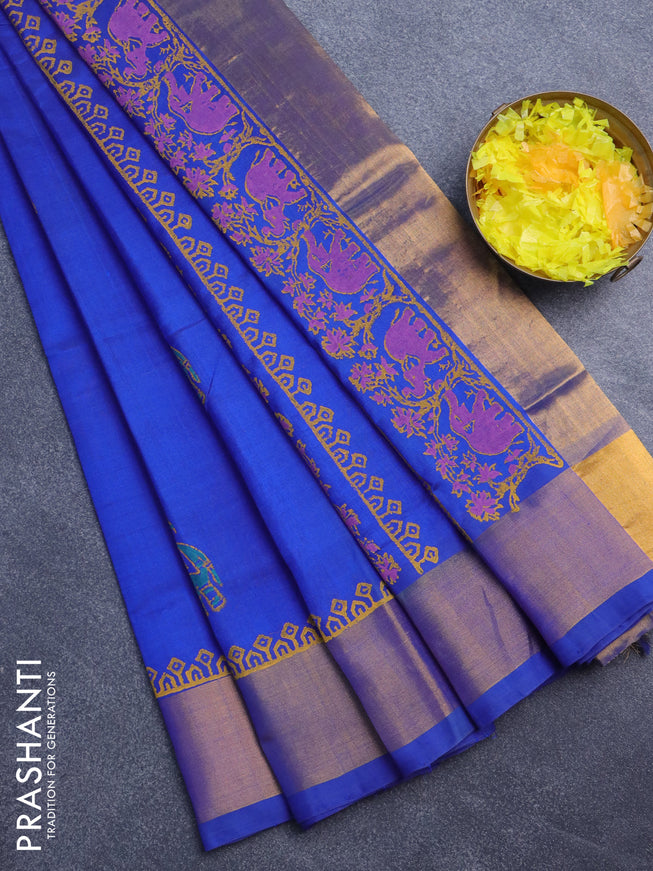 Silk cotton block printed saree blue with elephant butta prints and zari woven border