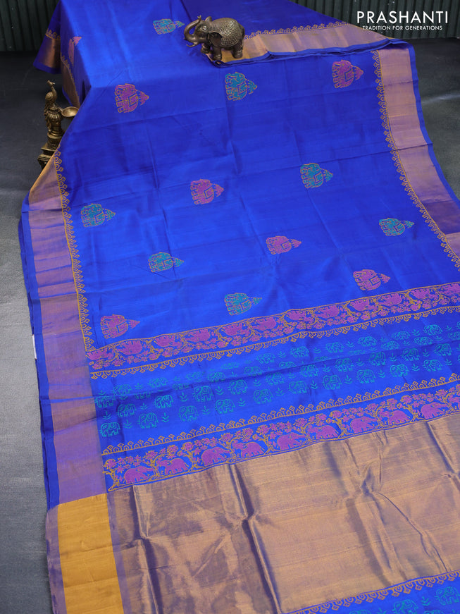 Silk cotton block printed saree blue with elephant butta prints and zari woven border